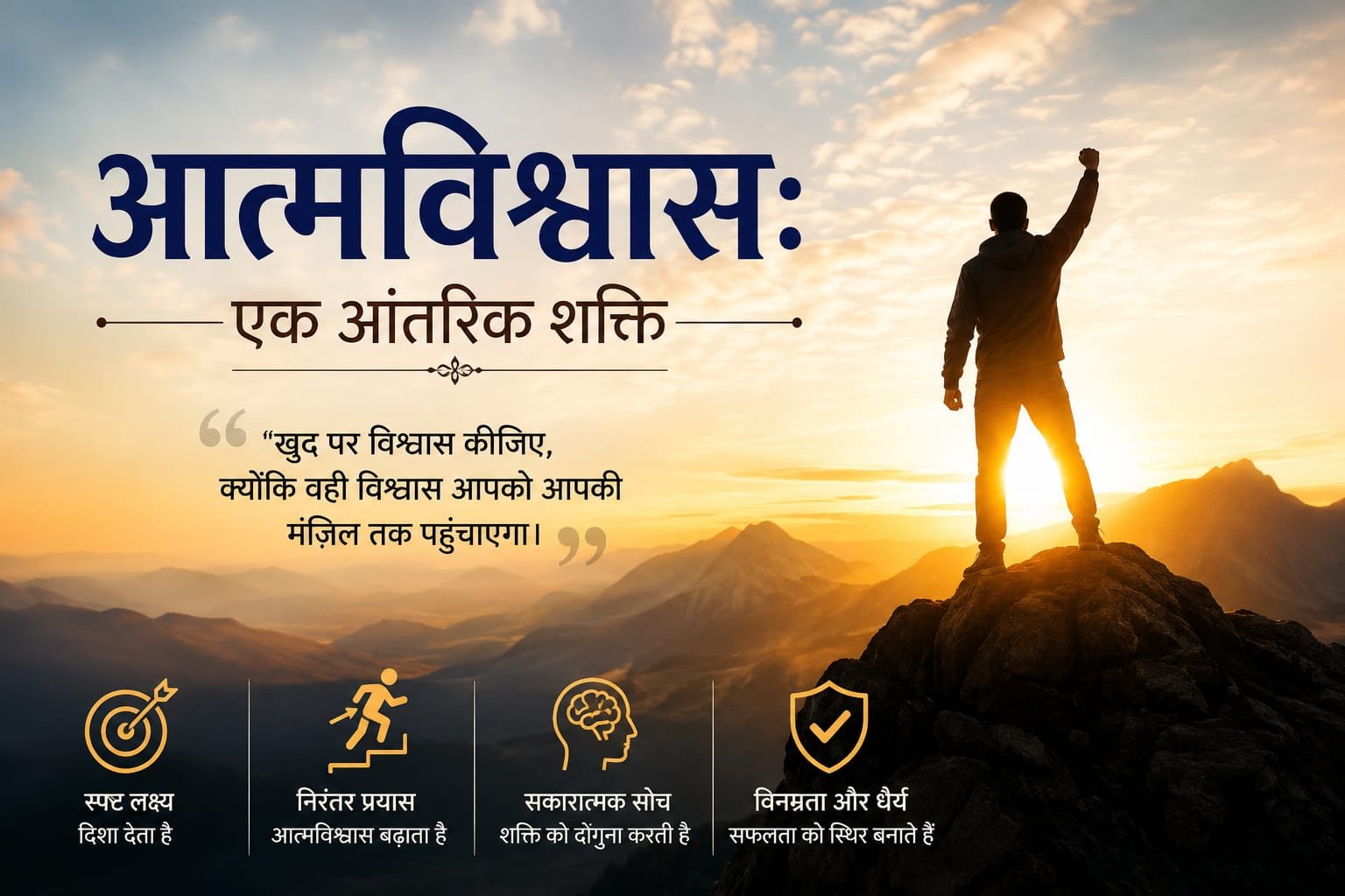 आत्मविश्वास: एक आंतरिक शक्ति — पहाड़ की चोटी पर खड़ा व्यक्ति आत्मविश्वास और सफलता का प्रतीक।