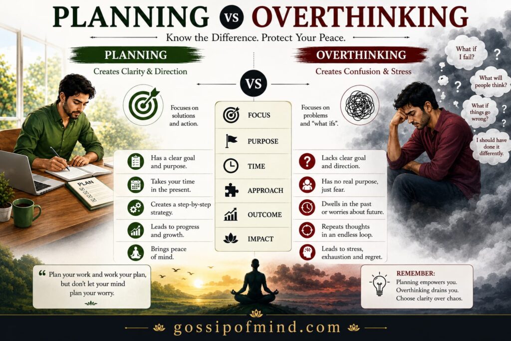 Planning versus overthinking comparison infographic showing key difference