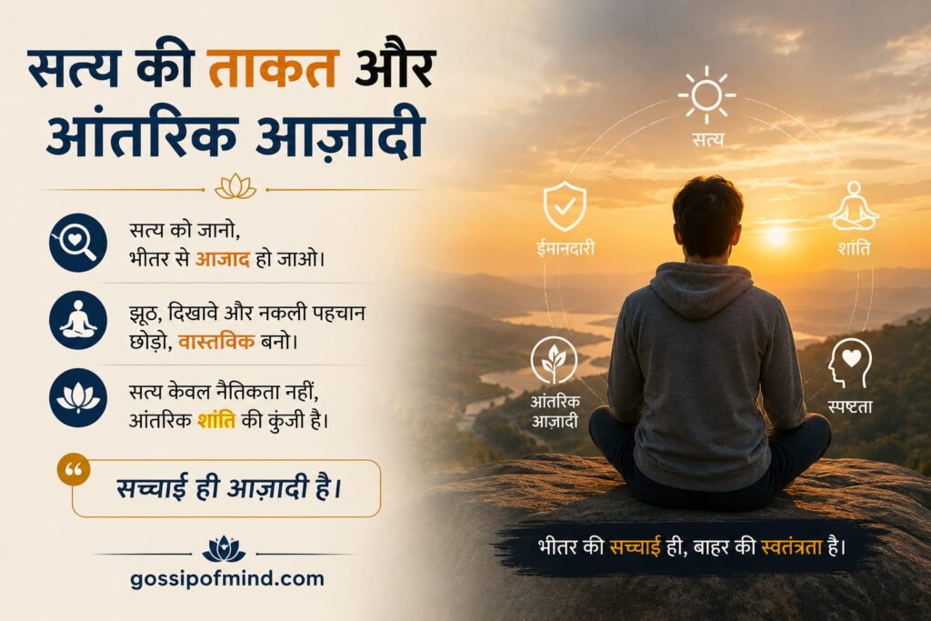 सत्य नकी शक्ति से आतंरिक आजादी प्राप्त करता ध्यानमग्न व्यक्ति , मानसिक शांति का प्रतीक