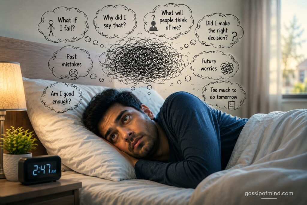 Person lying awake at night due to overthinking