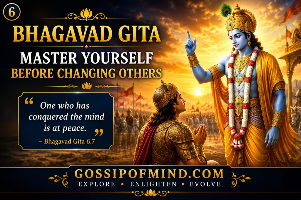 Lord Krishna teaching Arjuna to master his mind before trying to change others.