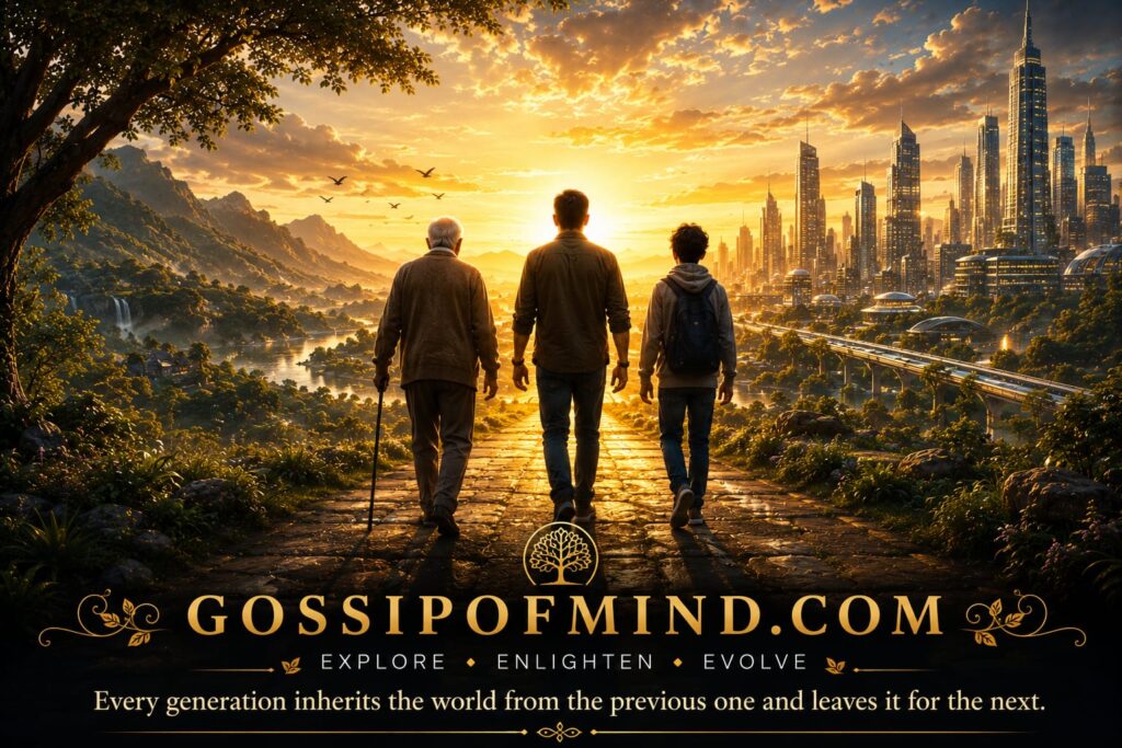 Three generations walking together toward a brighter future, symbolizing hope, wisdom, technology, and humanity.