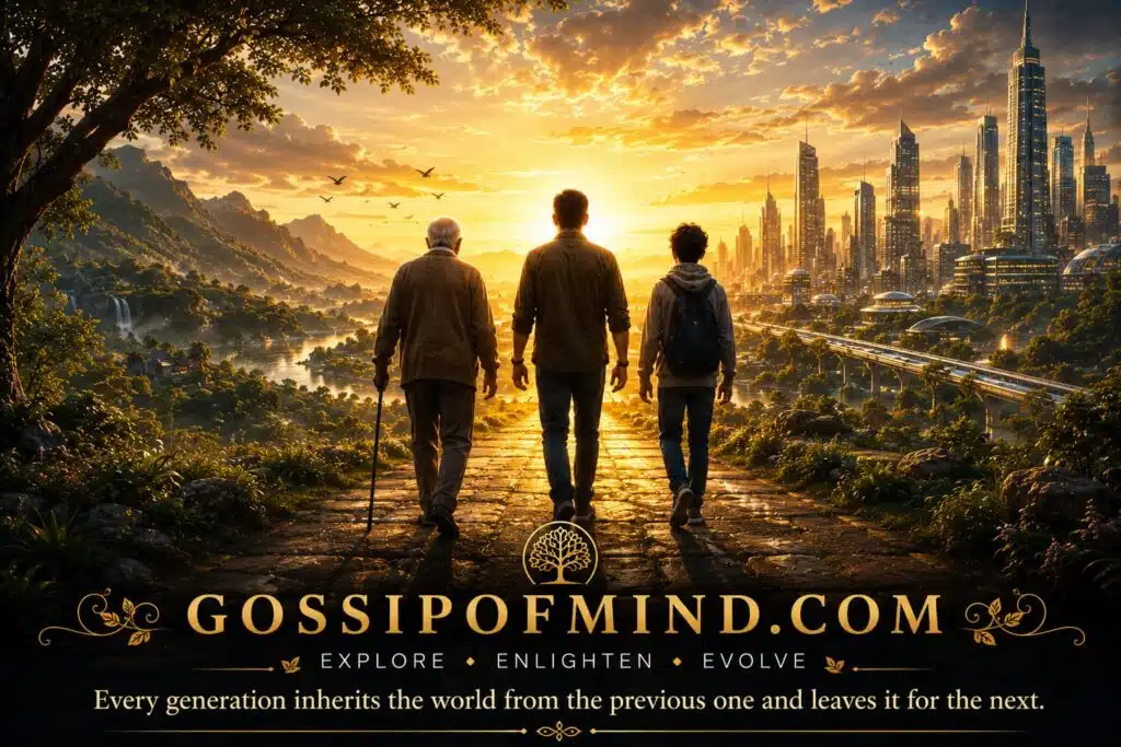 Three generations walking together toward a brighter future, symbolizing hope, wisdom, technology, and humanity.