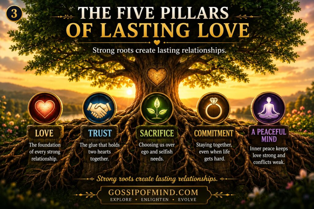 Tree with deep roots symbolizing the five pillars of lasting love: love, trust, sacrifice, commitment, and a peaceful mind.