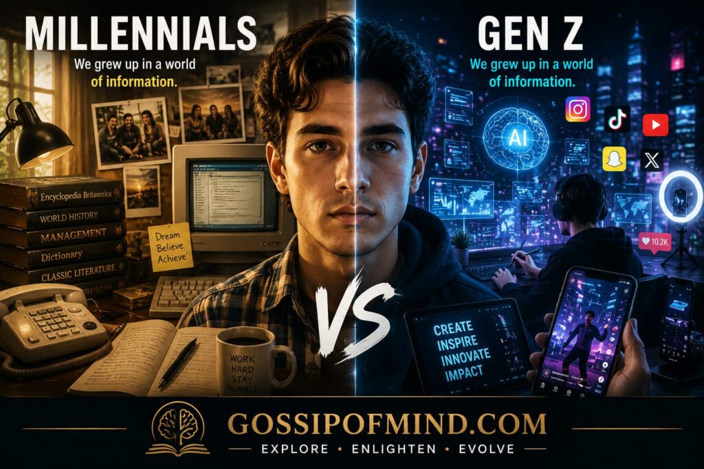 Gen Z vs Millennials comparison showing how different generations are shaped by environment, technology, and society.