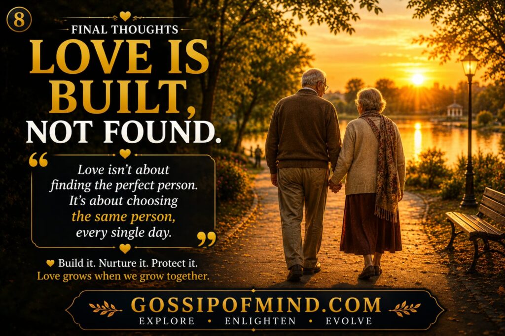 An elderly couple walking together, symbolizing that lasting love is built through commitment and shared experiences.