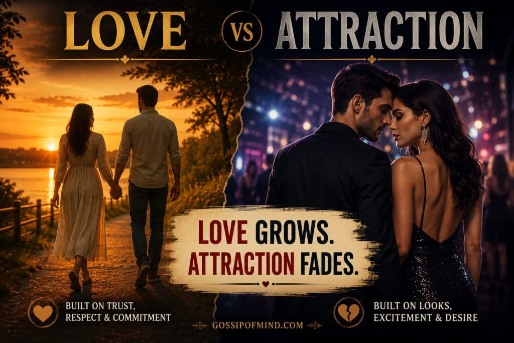 Comparison of love and attraction, showing that love grows while attraction fades.