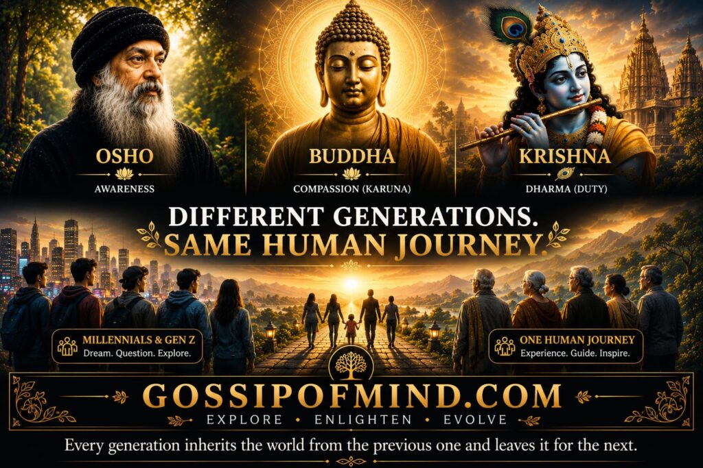 imeless wisdom from Osho, Buddha, and Krishna on awareness, compassion, dharma, and the human journey across generations.