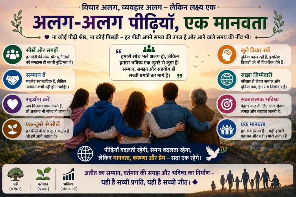 अलग-अलग पीढ़ियों के बावजूद साझा मानवीय मूल्यों, सम्मान, सहयोग और एकता का संदेश देता हुआ Gen Z और Millennials इन्फोग्राफिक।