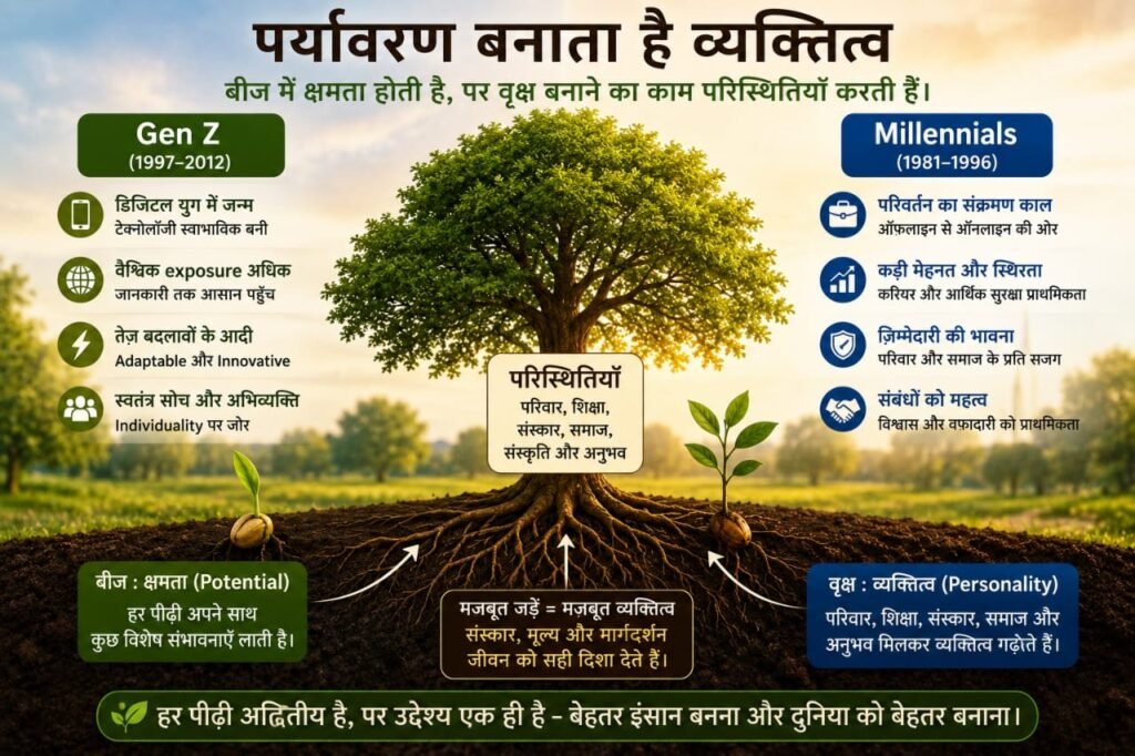 बदलती तकनीक के बावजूद मानवीय संबंध, संवाद, सहयोग और साझा मूल्यों के महत्व को दर्शाता हुआ Gen Z और Millennials इन्फोग्राफिक।


