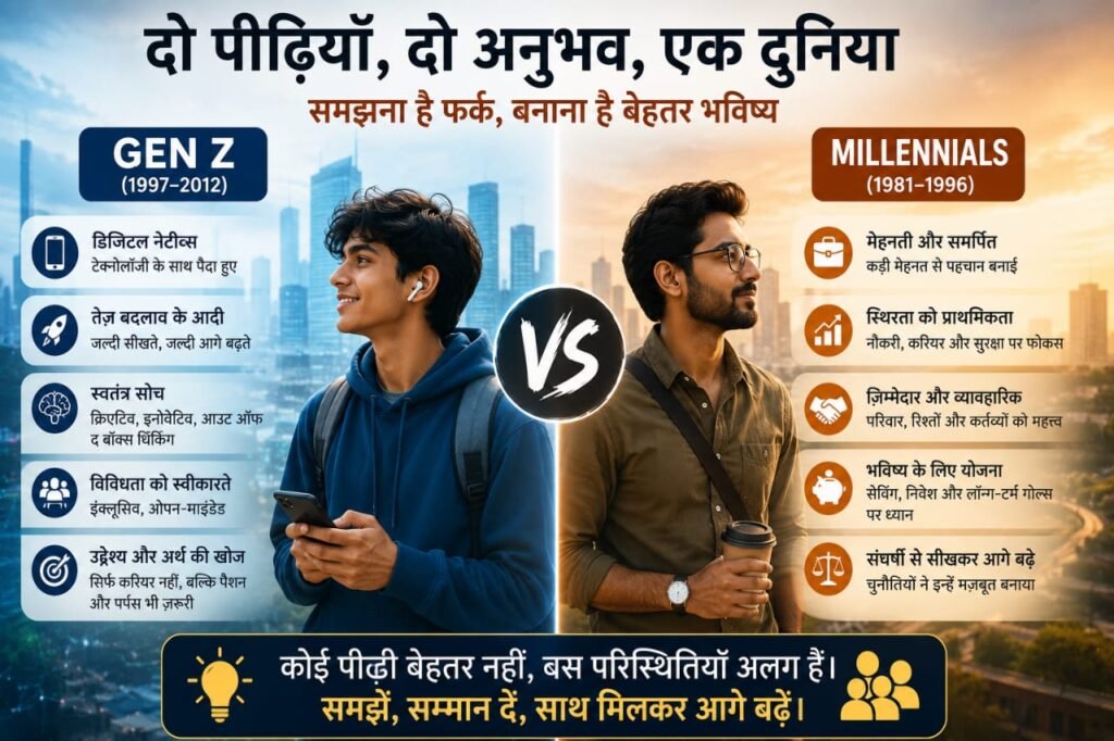 Gen Z और Millennials की विशेषताओं, मूल्यों, कार्यशैली और जीवन दृष्टिकोण की तुलना करता हुआ इन्फोग्राफिक।
