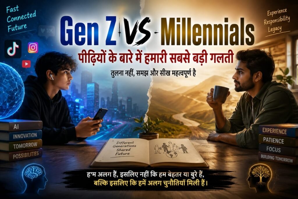 Gen Z और Millennials के बीच सोच, जीवनशैली, तकनीक और अनुभव के अंतर को दर्शाता हुआ इन्फोग्राफिक।
