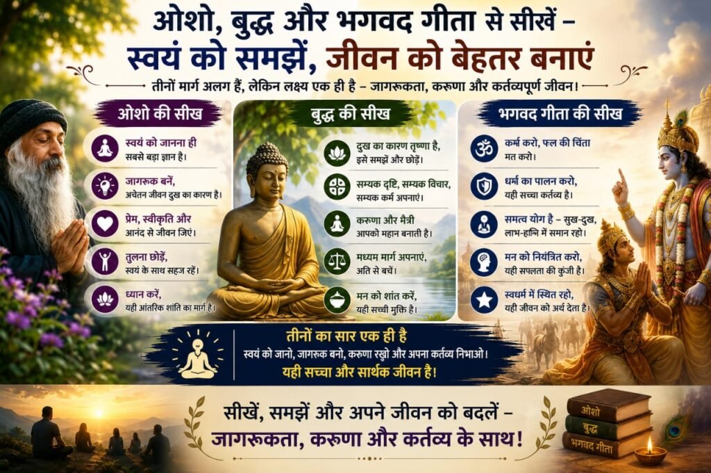 ओशो, बुद्ध और भगवद्गीता की शिक्षाओं के माध्यम से Gen Z और Millennials के लिए आत्म-जागरूकता, चरित्र और जीवन मूल्यों को समझाता हुआ इन्फोग्राफिक।
