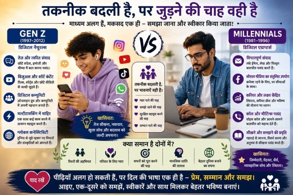 Gen Z और Millennials के बीच तकनीक, संचार शैली और मानवीय जुड़ाव की समानताओं व अंतर को दर्शाता हुआ इन्फोग्राफिक।
