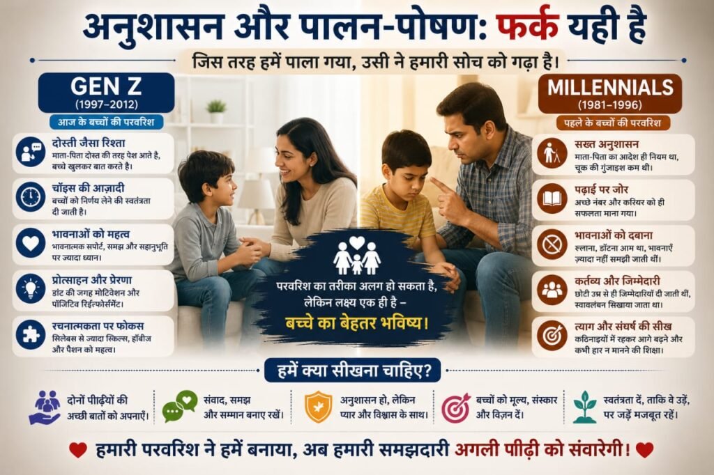 Gen Z और Millennials में अनुशासन, पालन-पोषण, पारिवारिक मूल्यों और जिम्मेदारी के प्रभाव को समझाता हुआ इन्फोग्राफिक।
